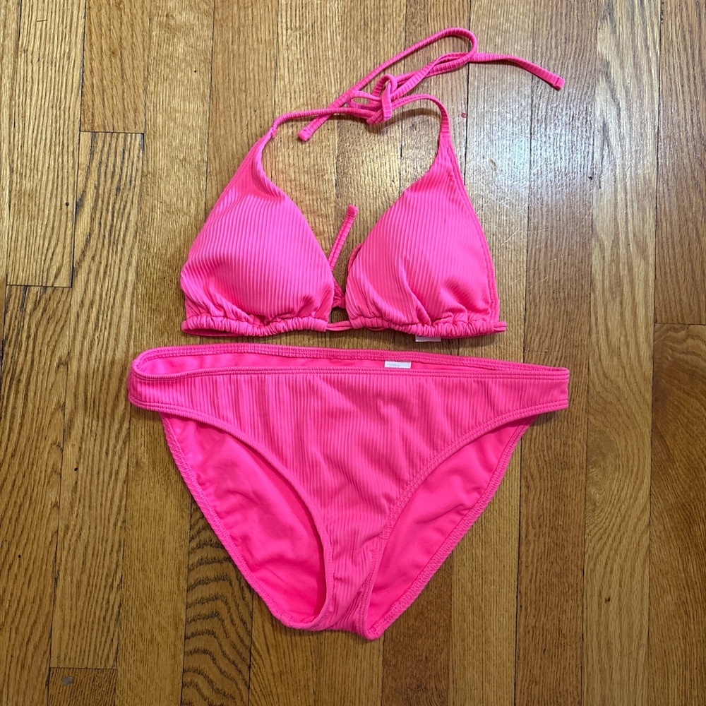 Hollister Neon Pink Ribbed Triangle Bikini